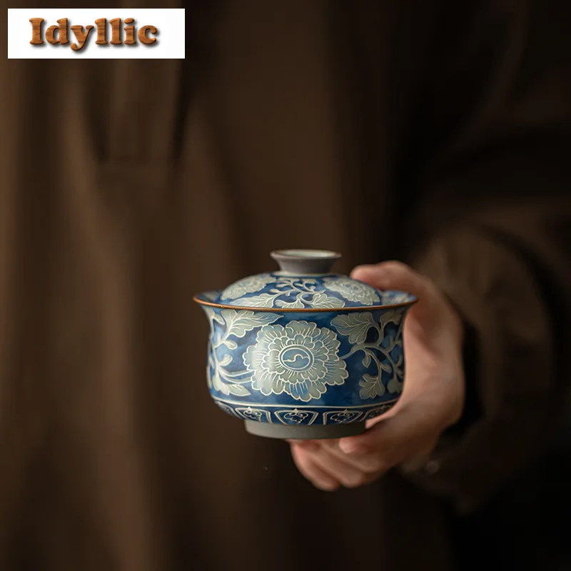 

170ml Ru Kiln Blue And White Peony Gaiwan Handmade Tea Tureen Tea Bowl With Lid Kit Tea Maker Cover Bowl Tea Ceremony Collection