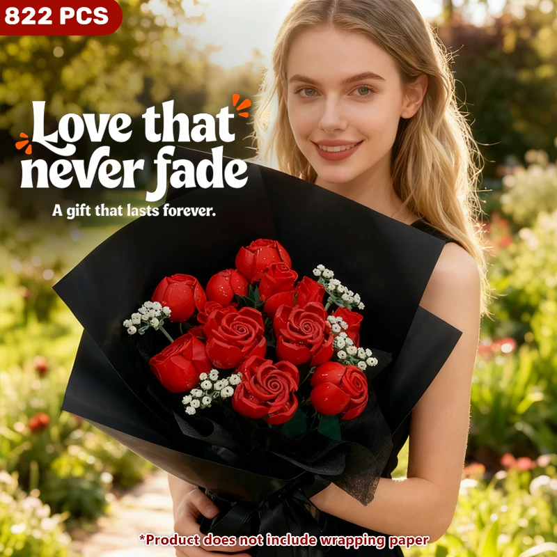 

822 шт. романтический букет роз, строительные блоки, креативное украшение для домашнего стола, растения, сборные кирпичи, игрушки для подарков, девушки, леди