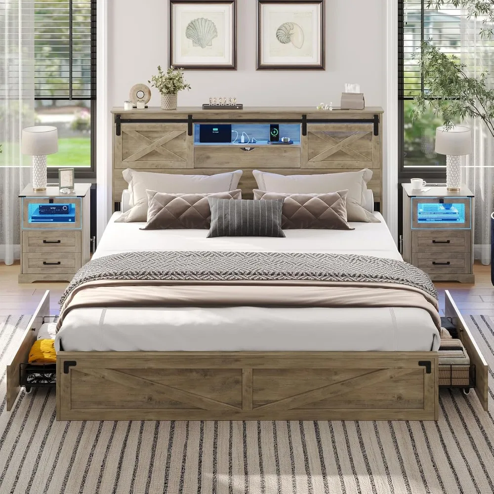 Hasuit marco de cama de granja tamaño king de California con cabecero de estantería de almacenamiento, cama king de madera con luces LED, carga s