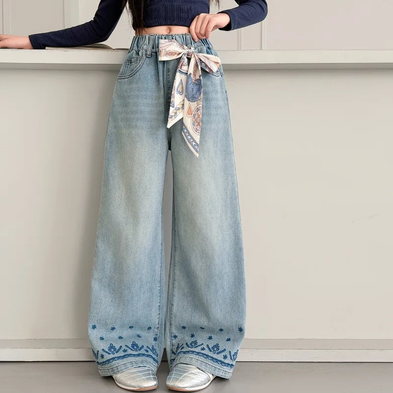 Autumn UNITIM Children Girls Jeans 4-14Yrs Kids Girls Denim Pant Versatile Embroidery Hem Little Girl Straight Pant with Ribbons
