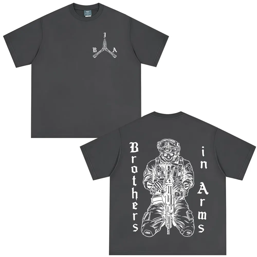 Brothers in Arms Skeleton Double Sided Printed T-shirt Men Women Clothing Summer Casual Cotton Oversized Short Sleeves T Shirts