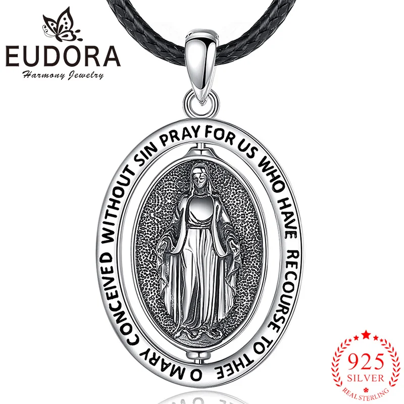 

Eudora Virgin Mary Necklace 925 Sterling Silver Mother of God Medallion Sacred Heart Pendant Christian Jewelry Religious Gift