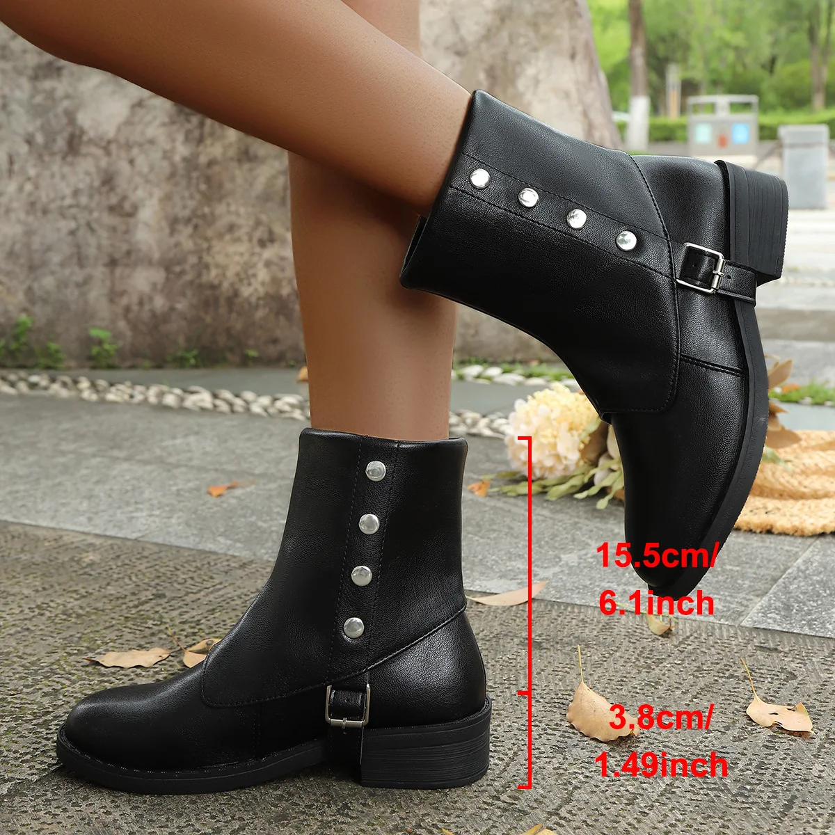 Women's Gothic Rivet PU Ankle Boots Medieval Art Retro Belt Buckle Low Heel Slip-On Ankle Boots British Outdoor Mid-Calf Boots