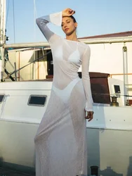 2024 New White Boat Neck Backless Elegant Knitted Beach Maxi Dress Long Sleeve Sexy Sunscreen Beachwear Swimsuit Cover Up A2323