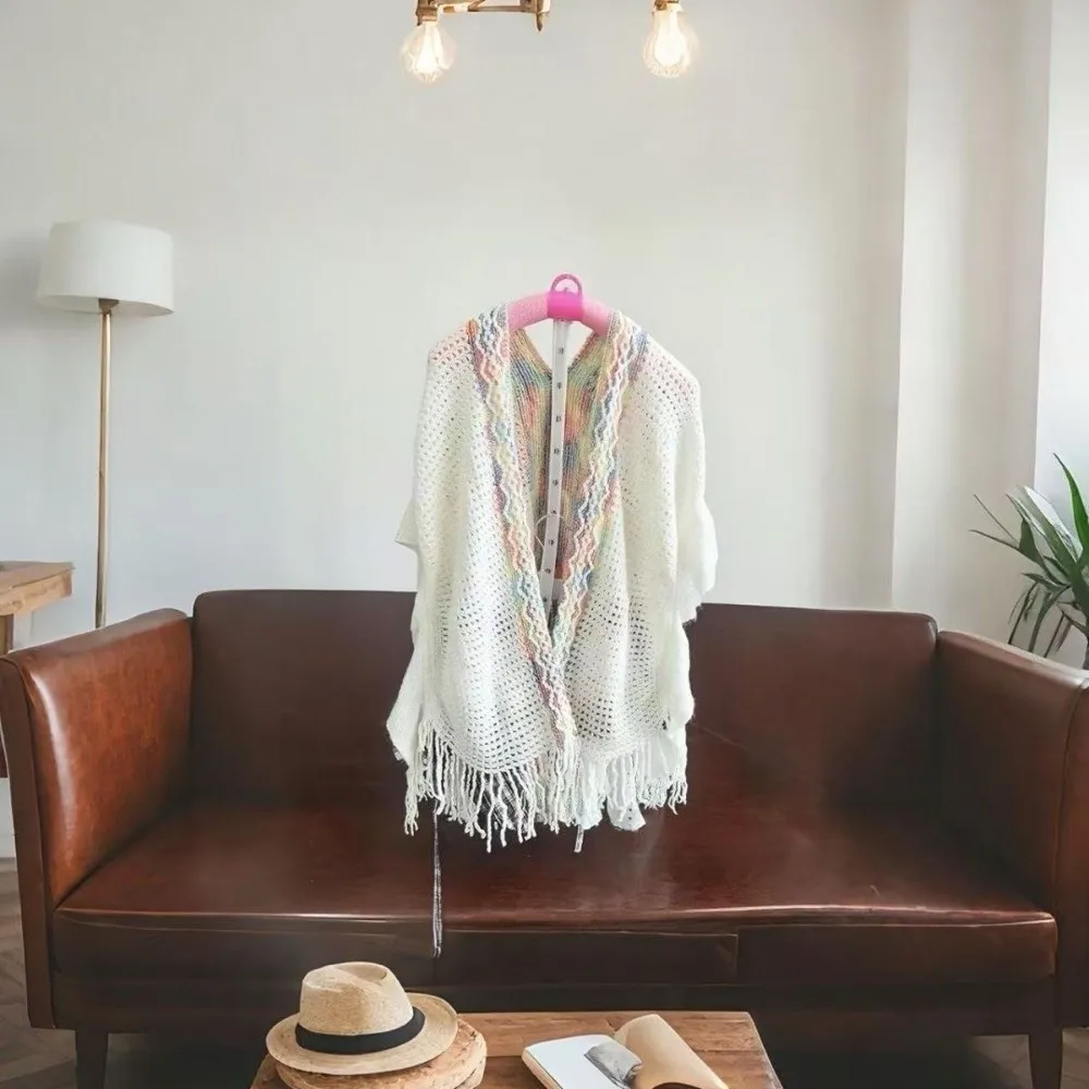 

Модное зимнее теплое монгольское пончо в этническом стиле, полосатый кардиган, шаль с кисточками, искусственная шерсть, вязаные накидки для