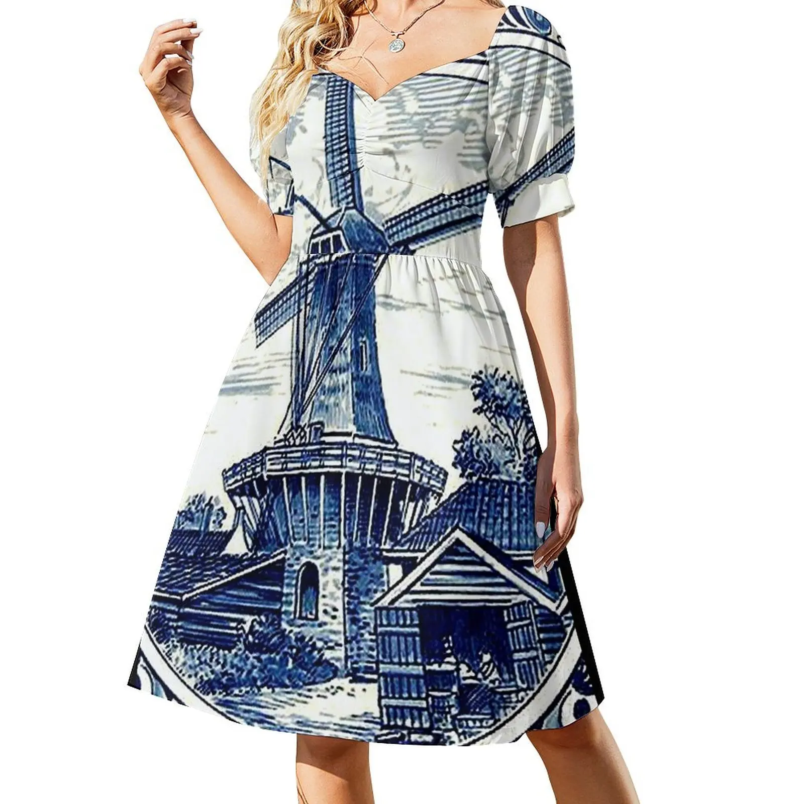 DUTCH BLUE DELFT : Vintage Windmill Print Short Sleeved Dress women evening dress Beachwear Dress