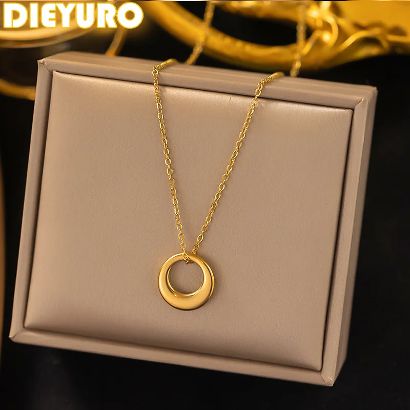 DIEYURO 316L Stainless Steel Classics Golden Circular Ring Pendant Necklace For Women New Trend Neck Chain Jewelry Party Gift
