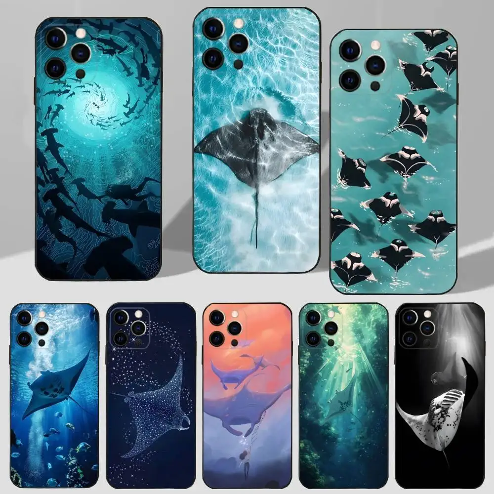 

Manta Ray Ocean Animal Phone Case For iPhone 16,15,17,14,13,12,11 Plus,Pro Max,XS,X,XR,SE,Mini,8,7 Soft Silicone Black Cover