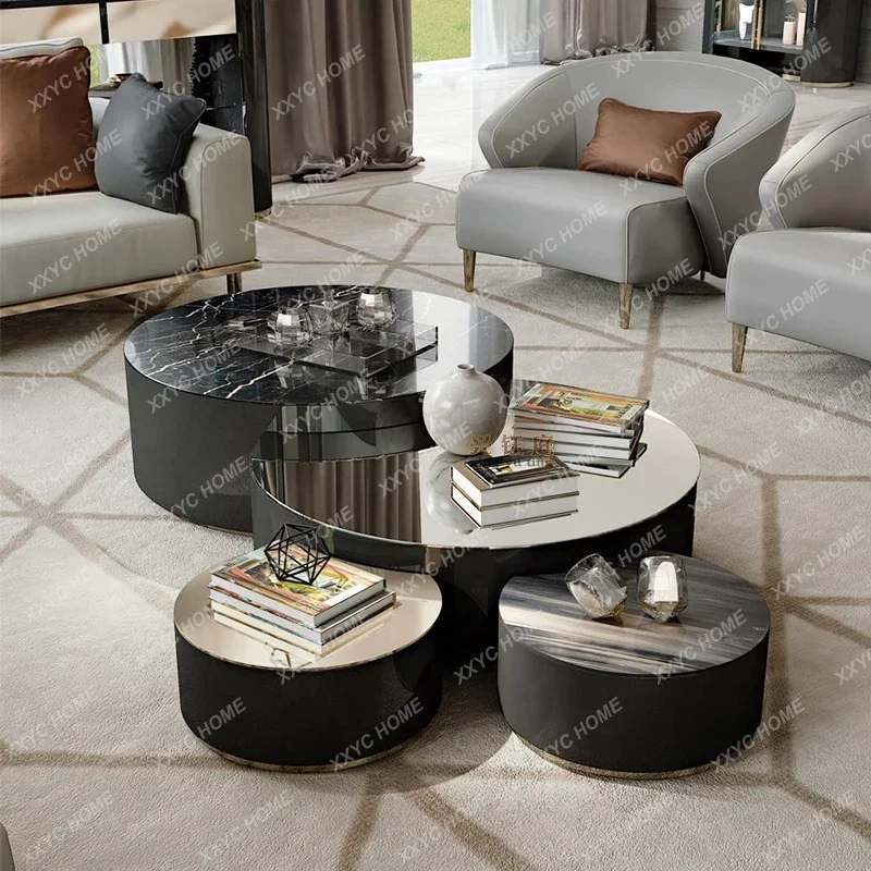 XX Modern Round Nesting Marble Coffee Table Set Of 3 For Living Room  Ikat Coffee Tables Set With Stainless Steel