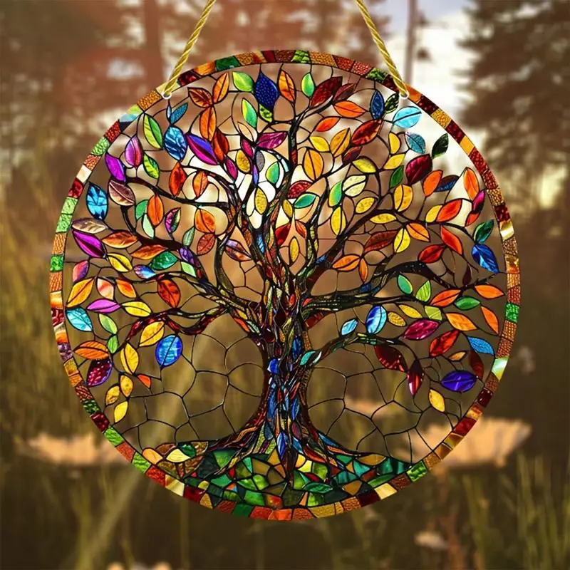 Round Stained Glass Sun Catcher 2D Window Sun Catcher Ornaments Exquisite Round Colored Tree Sign Decorations Door Handle Displa