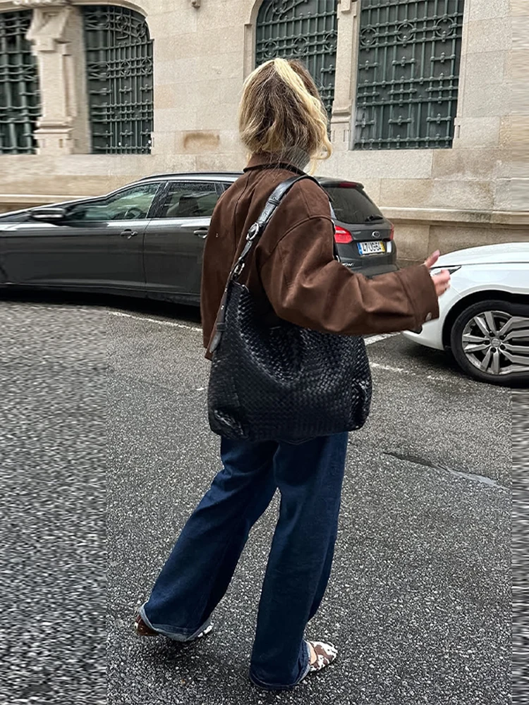 

Vintage Suede Short Jacket For Women Solid Lapel Zipper Big Pocket Outerwear Coats Fashion 2025 Autumn New Lady Streetwear