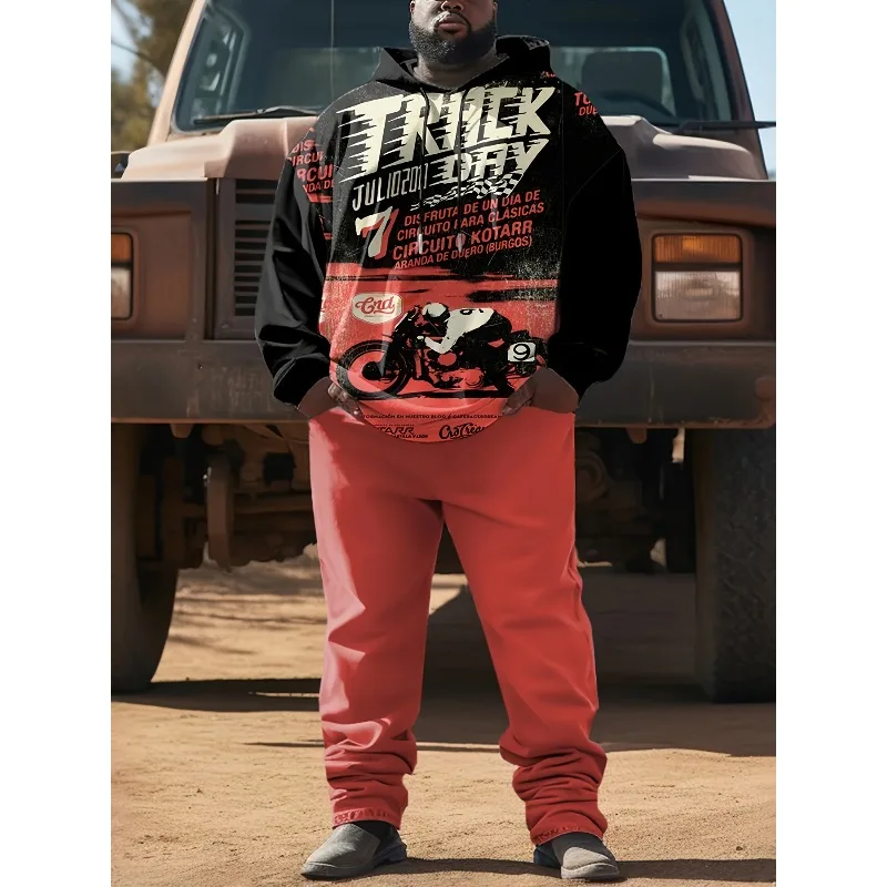 طقم سراويل بقلنسوة مطبوعة ثلاثية الأبعاد بأحرف دراجة نارية زرقاء عصرية للرجال من Street Fashion ملابس كاجوال يومية جماليات أزياء الشارع