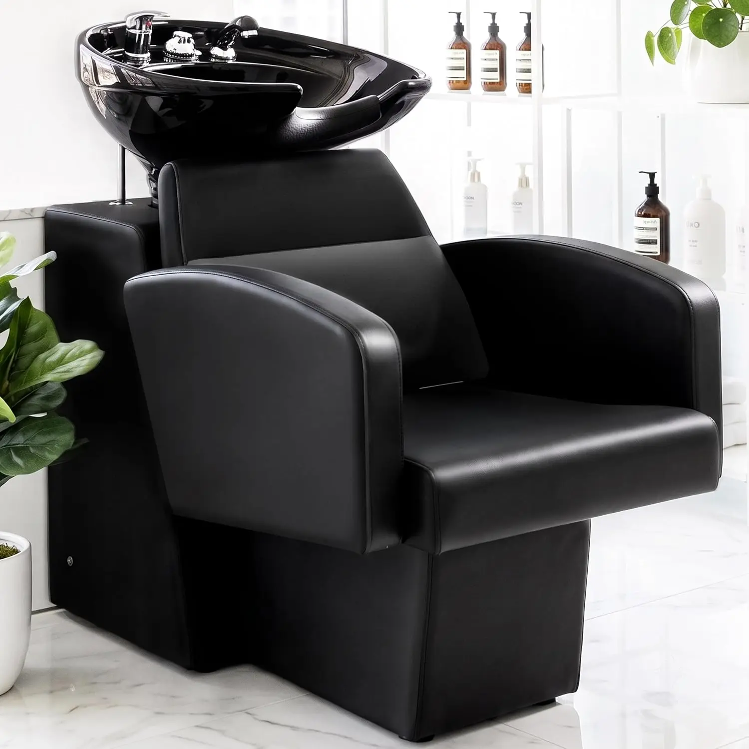 Shampoo Backwash Chair w/ Ceramic Bowl, Extra Wide Seat, Hair Washing Sink for Salon Spa Barbershop, Customized