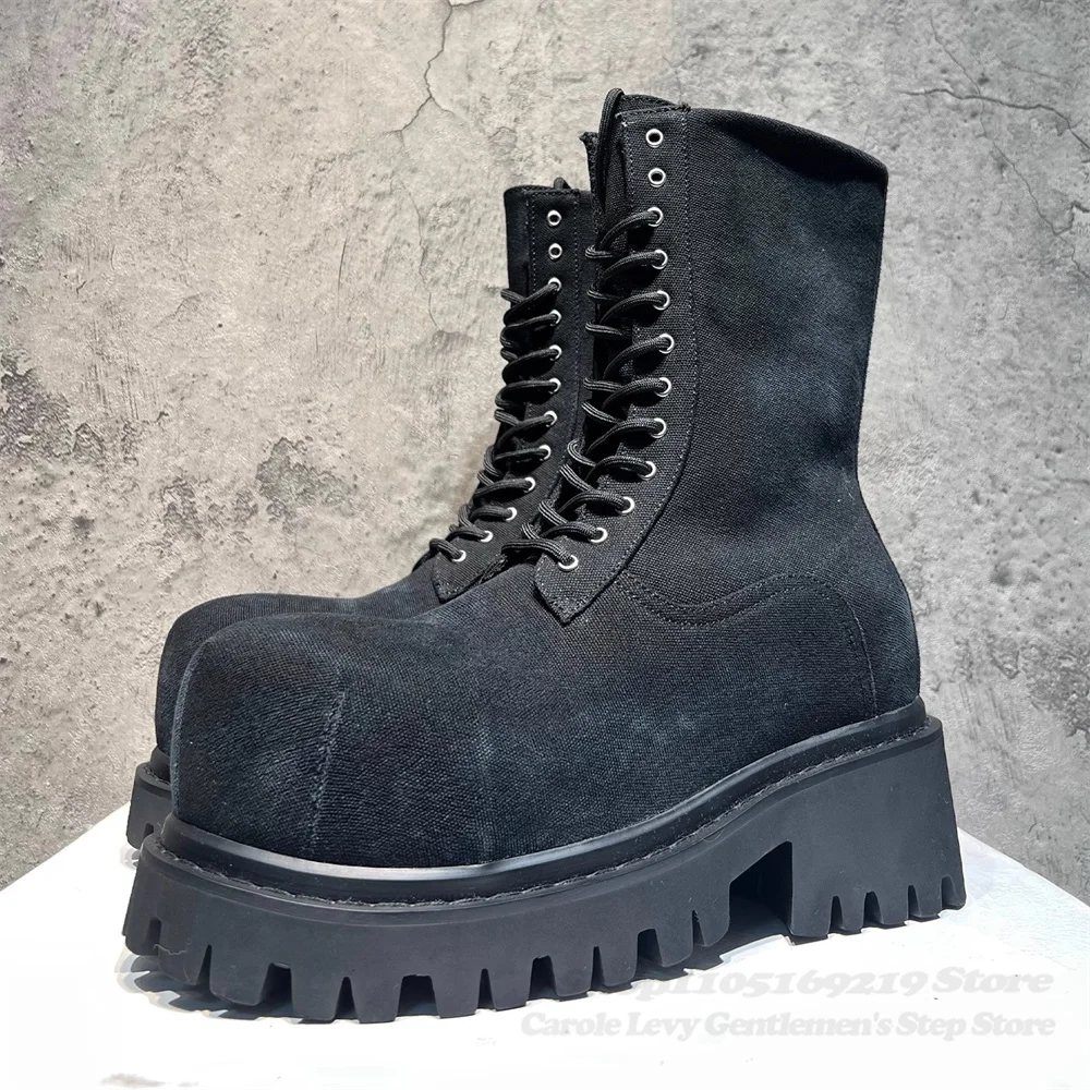 

Men Casual Big Round Toe Trendy Chelsea Boots Denim Thick Sole Increased Height Lace Up British Style High Top Long Tube Boots