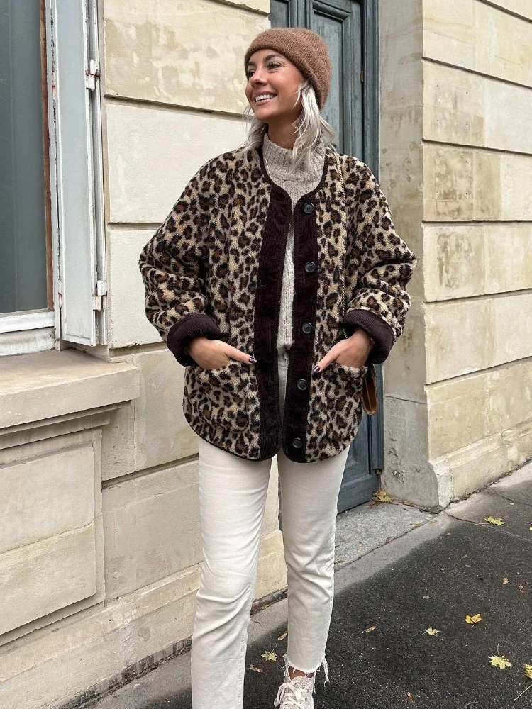 Leosoxs Fashion Contrast Leopard Print Single Breasted Jacket Women Elegant O Neck Long Sleeves Pocket Coat 2024 Warm Outerwear