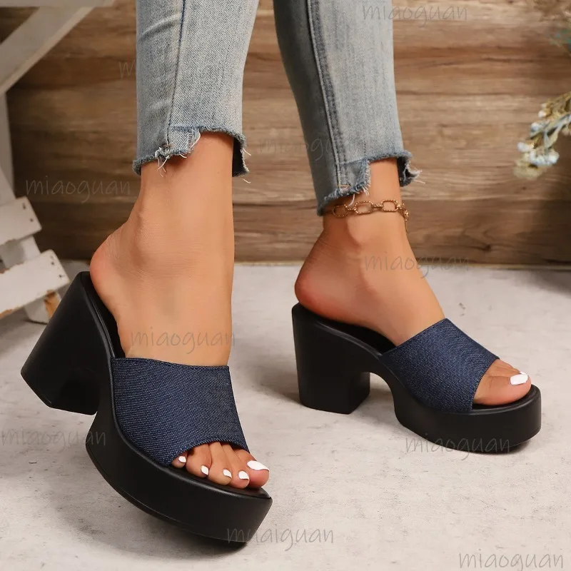 Women's Denim High Heel Mule Slippers Chunky Block Heel Slide Sandals Open Toe Casual Summer Fashion Shoes Zapatos De Mujer view 2
