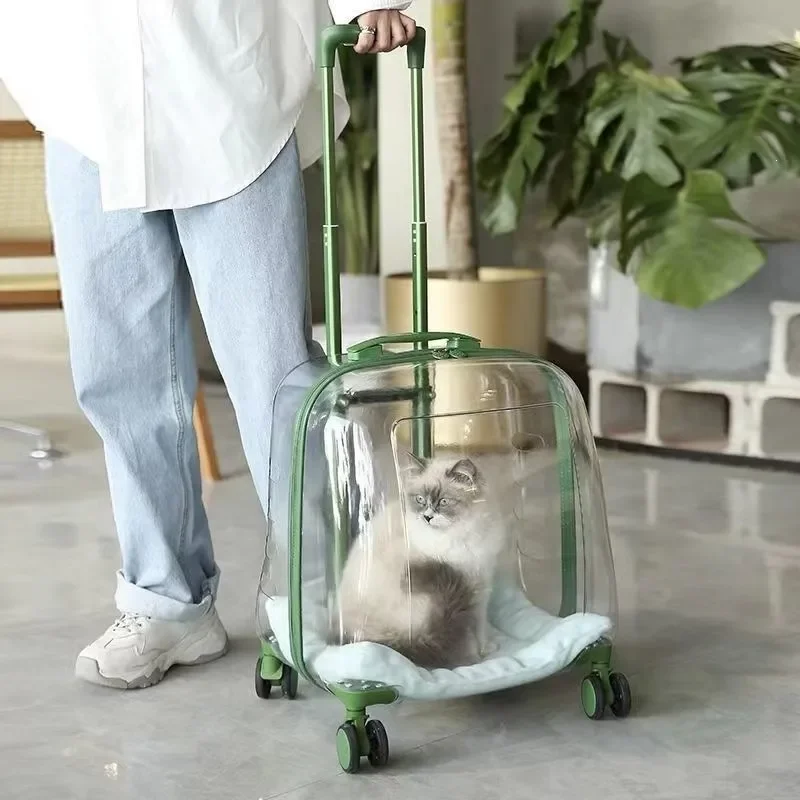 Large Transparent Pet Trolley Case Portable Cat Carrier Bag Wheeled Dog Travel Suitcase Outdoor Space Capsule for Small
