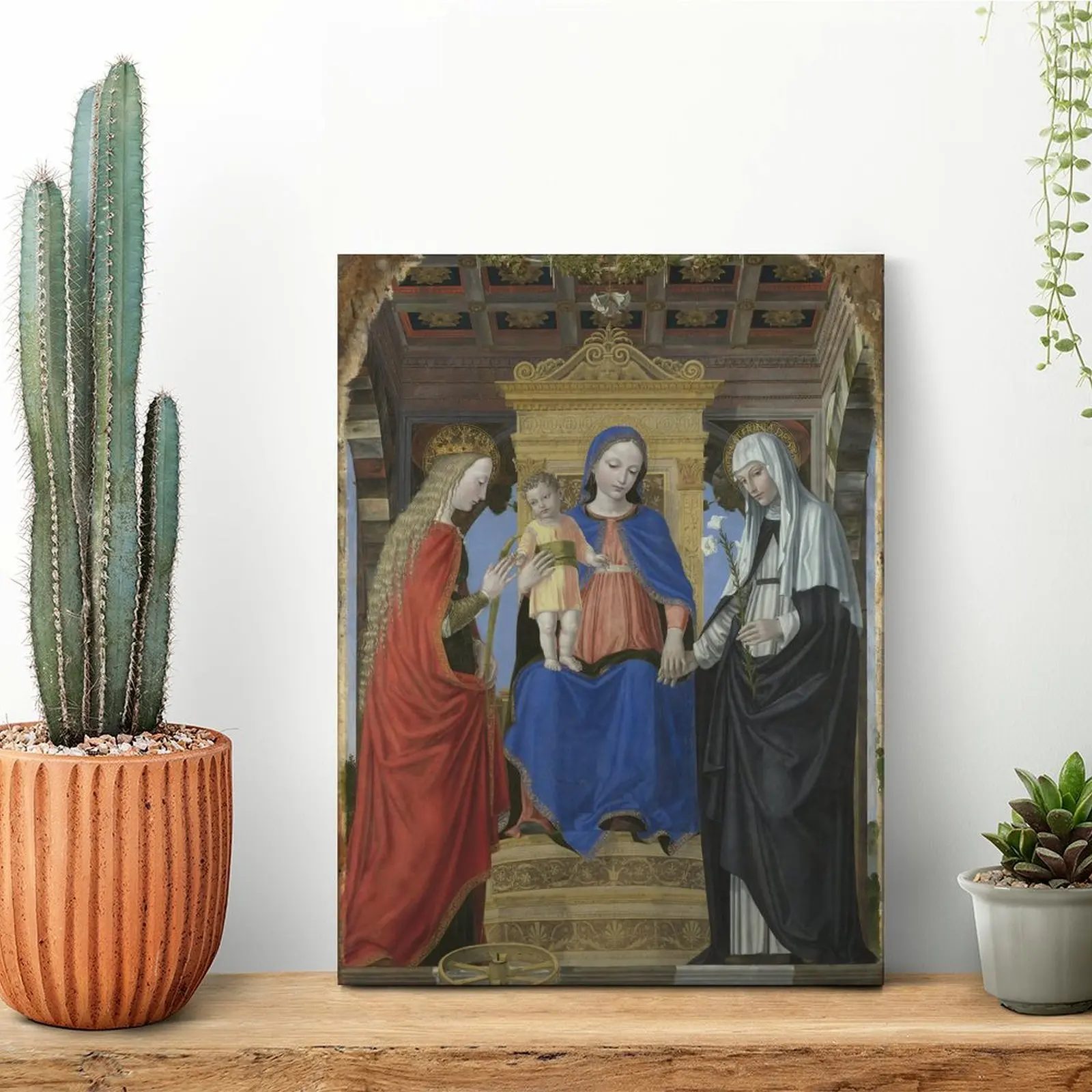 聖母マリアと幼子イエス、聖人たちのキャンバス絵画、パブ、映画館、レトロな壁、洞窟、デザイナーによる額装された壁画