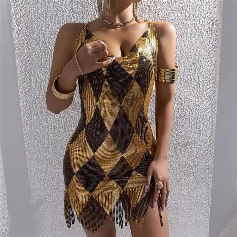 New Women Glitter Diamond Metal Mesh Bodycon Mini Dress Halter Chain Back Fringe Hem Night Club Bar Birthday Party Evening Dress