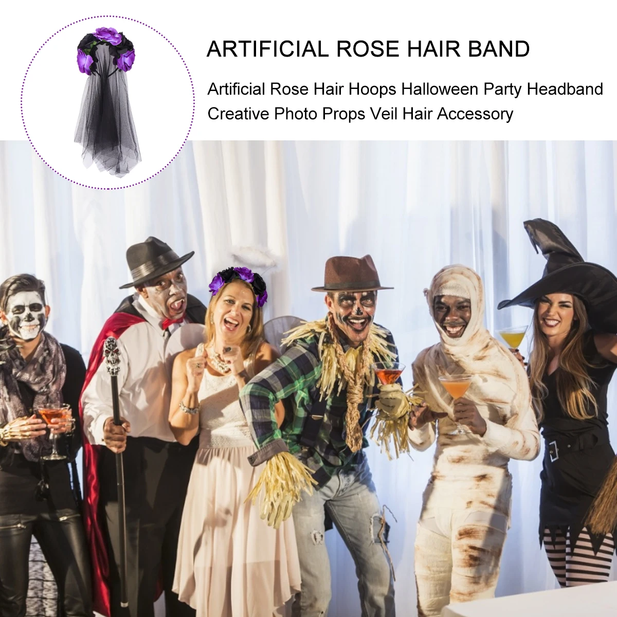 

Flower Hair Hoops Comfortable Lightweight Halloween Party Headdress Rose Veil Headwear Photos Props cosplay Performance