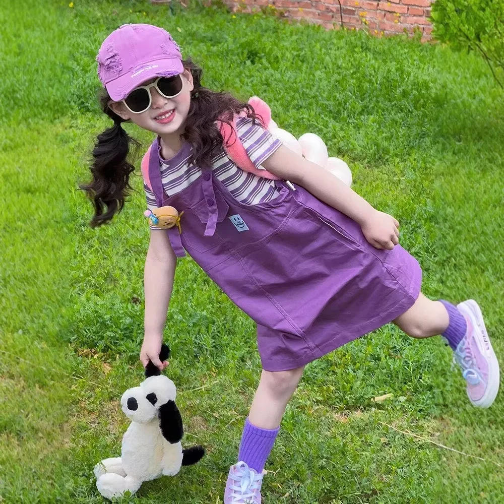 

Korean Casual Sports Suit Purple Girls' Summer Clothing Striped Printed Short Sleeved T-shirt + Solid Color Shoulder Strap Dress