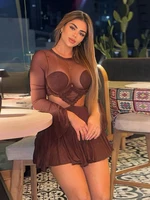 Vestido de malla de retazos sin cintura de Sisterlind para mujer, cuello redondo, manga completa, diseño hueco con volantes, fiesta de medianoche, Sexy Bodycon a la moda