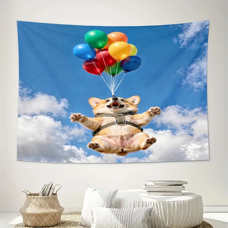 Cute Dog with Balloons Tapestry Wall Hanging Home Decor Art Poster Shiba Inu Puppy Sky Scene Bohemian Living Room Gift for Pet L