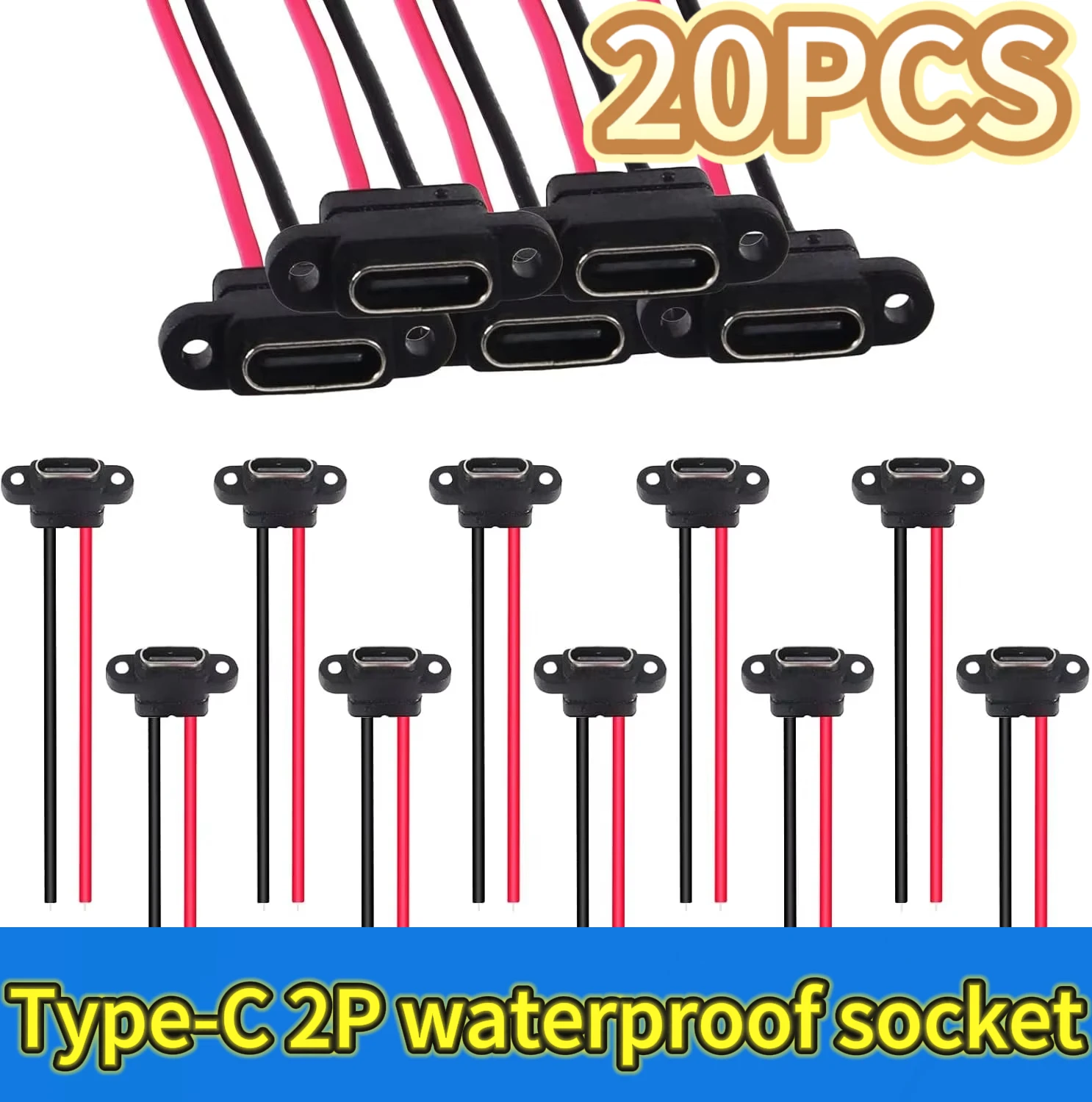 USB 3.1 Type-C Female Chassis Connector 2 Pin Waterproof Socket with Rubber Ring 3A High Current Fast Charging Welding Wire Port