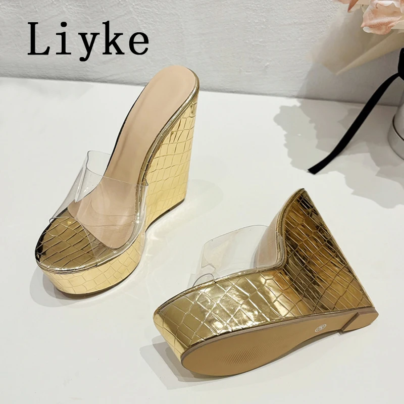 Liyke Women Sexy Super High Wedges Slippers Platform Sandals Fashion Open Toe Gold Heels PVC Transparent Shoes Zapatos Mujer