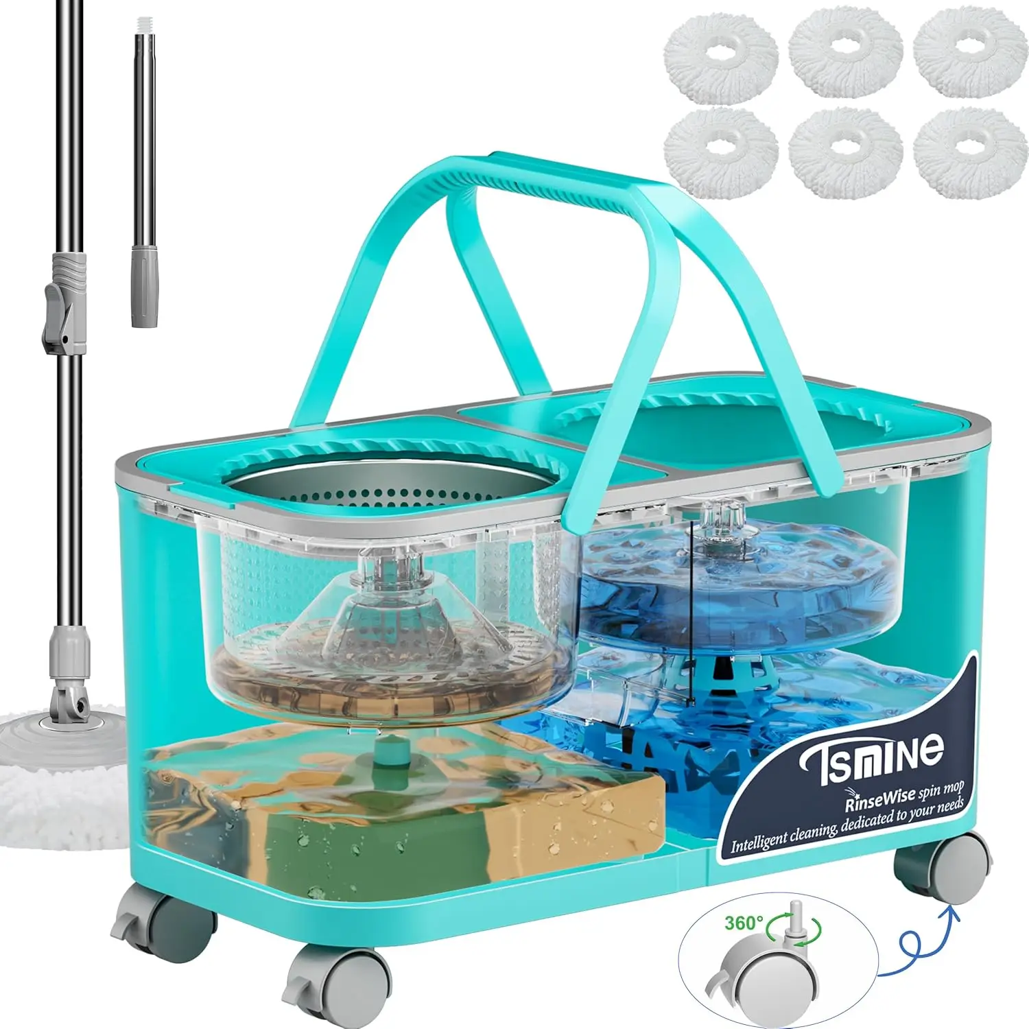 

360° Spin Mop with Clean/Dirty Water Separation, Adjustable Handle & 6 Reusable Heads for Pet-Friendly Homes