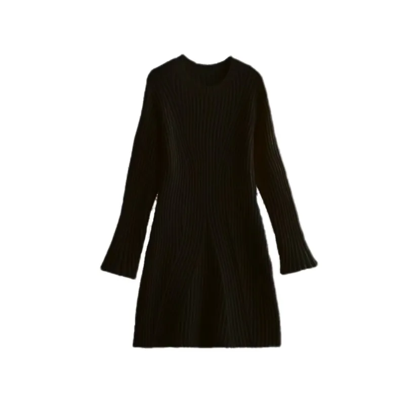 Femmes tricoté mince a-ligne moulante blanc robe mince col rond à manches longues robe solide décontracté Midi robe pull côtelé automne hiver