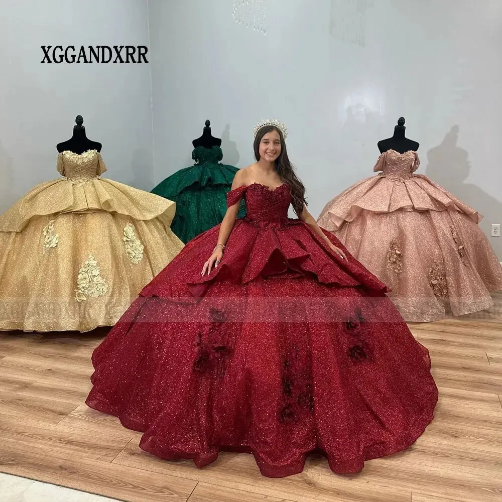 Блестящее бордовое платье Quinceanera 2024, бальное платье с открытыми плечами, корсет с цветочным узором, сладкий 15 вечерние, мисс по индивидуальному заказу