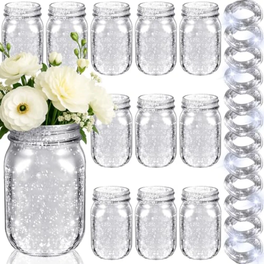 12 Pcs Painted Mason Jars for Table Glass Decorative Jars with 12 Light Strings for DIY Wedding Graduation Bridal Shower Housew