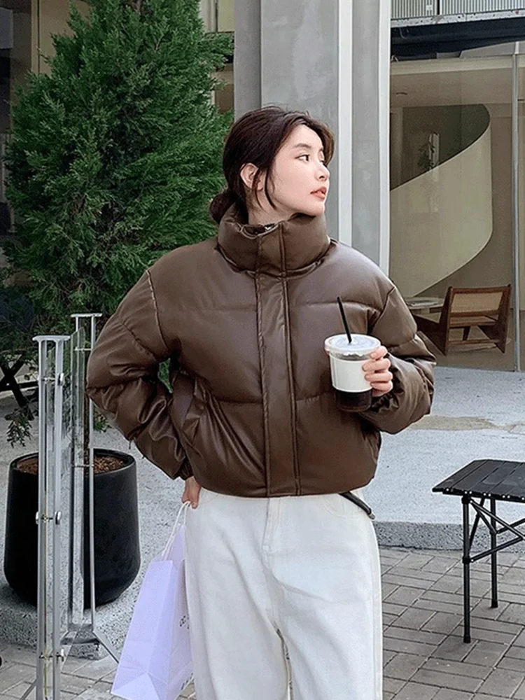 

Faionable Retro Cotton Jaet Women's Winter Outerwear PU Leather Thiened Coat Korean Sle Commute Loose Fit Zipper