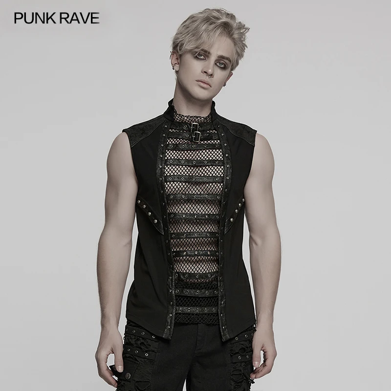PUNK RAVE Men's Punk Visual Personality Mesh & Cracked Leather Vest First Two Loops with Buckles Unique Handsome Cool Tops