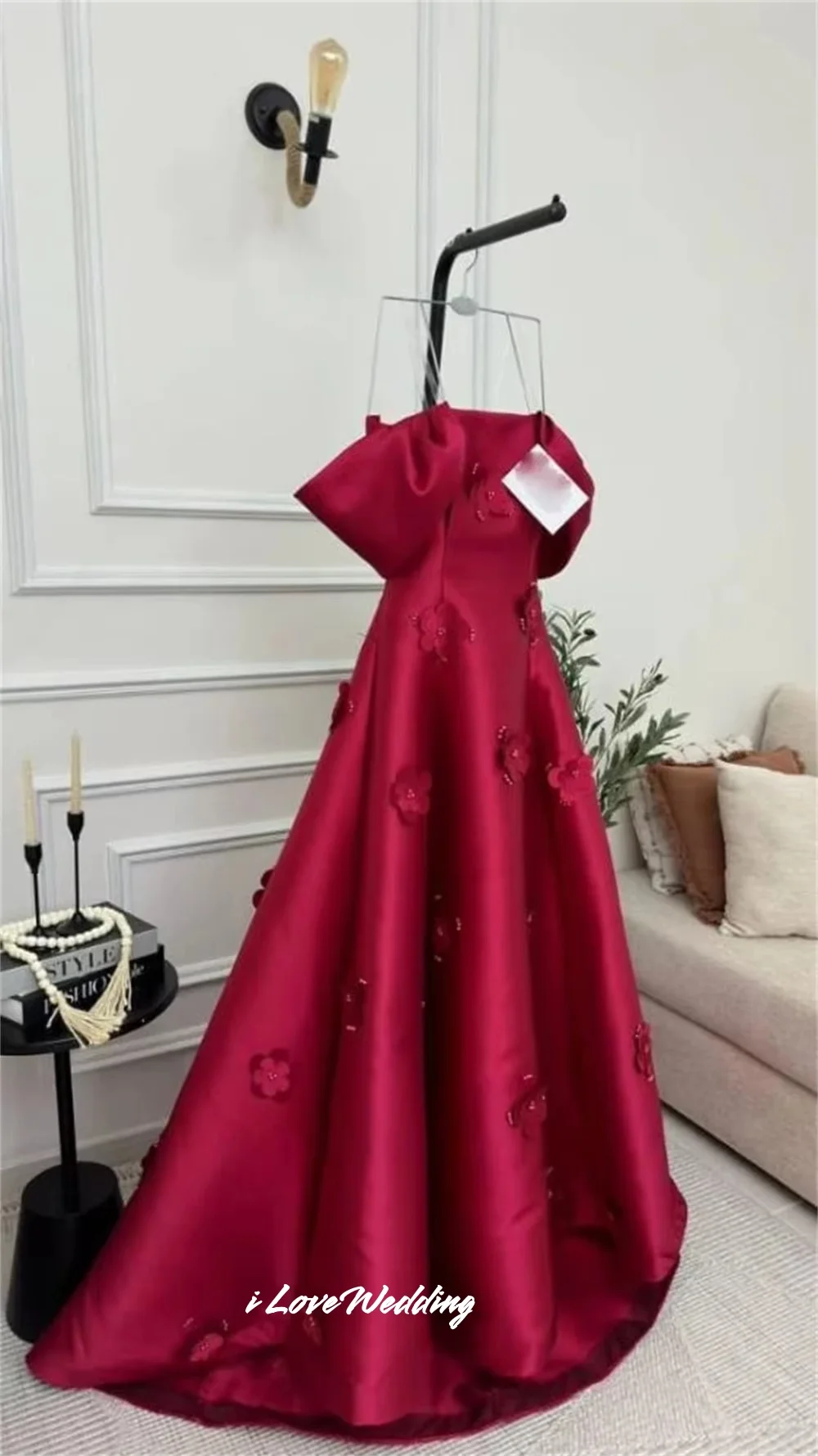 Red Strapless Prom Dresses 2025 Satin Off Shoulder 3D Flower A-Line Floor-Length Evening Dress Wedding Party Dresses Customized
