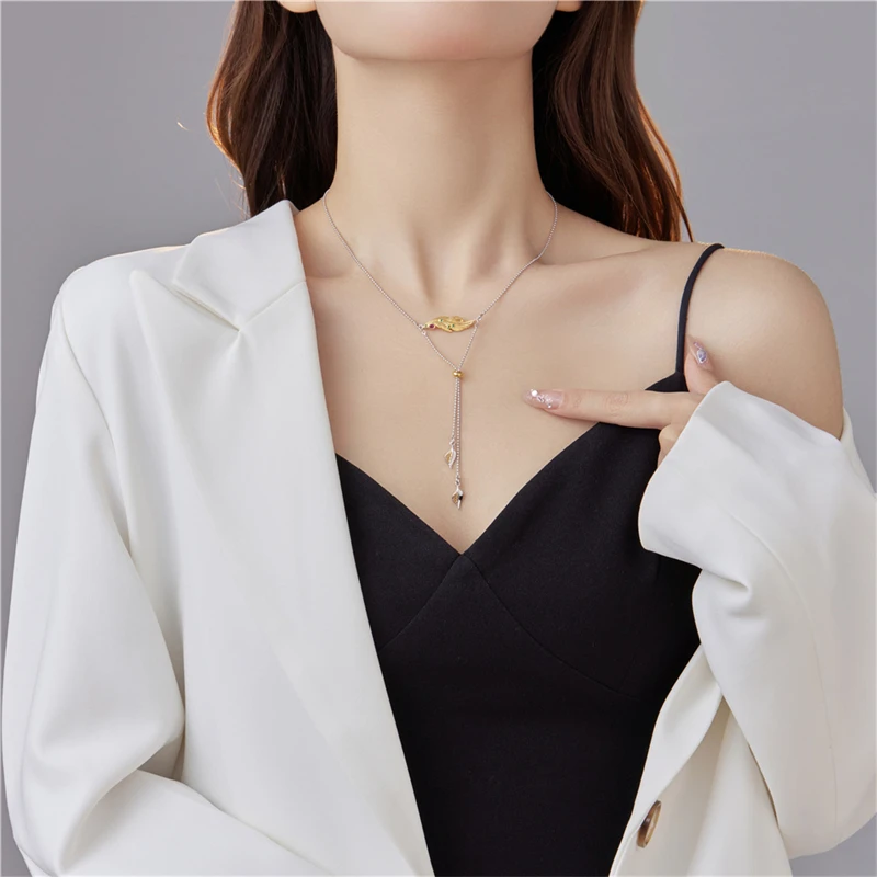 925 Sterling Silver Two Tone Leaf Feather Beads Chain Necklaces For Women Designer Style Simple Chic Chokers Necklace 2023 Gift