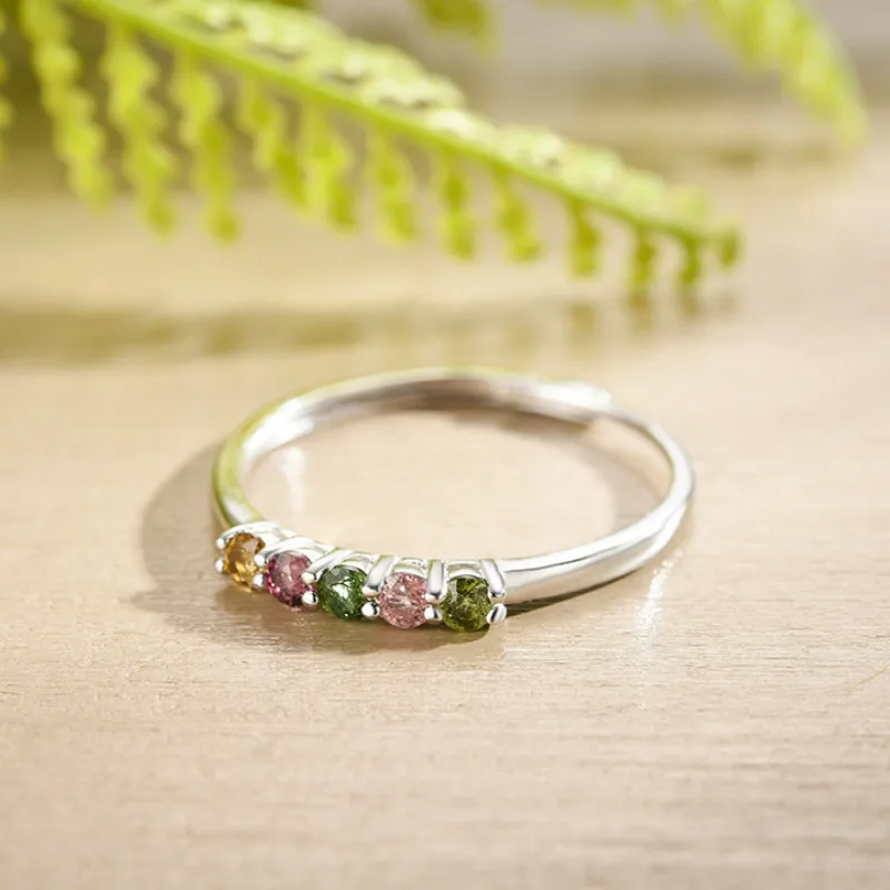 Tourmaline 925 Silver Women Ring Natural Stone Multicolor Sterling Silver S925 Opening Rings for Women Adjustable Wedding Ring