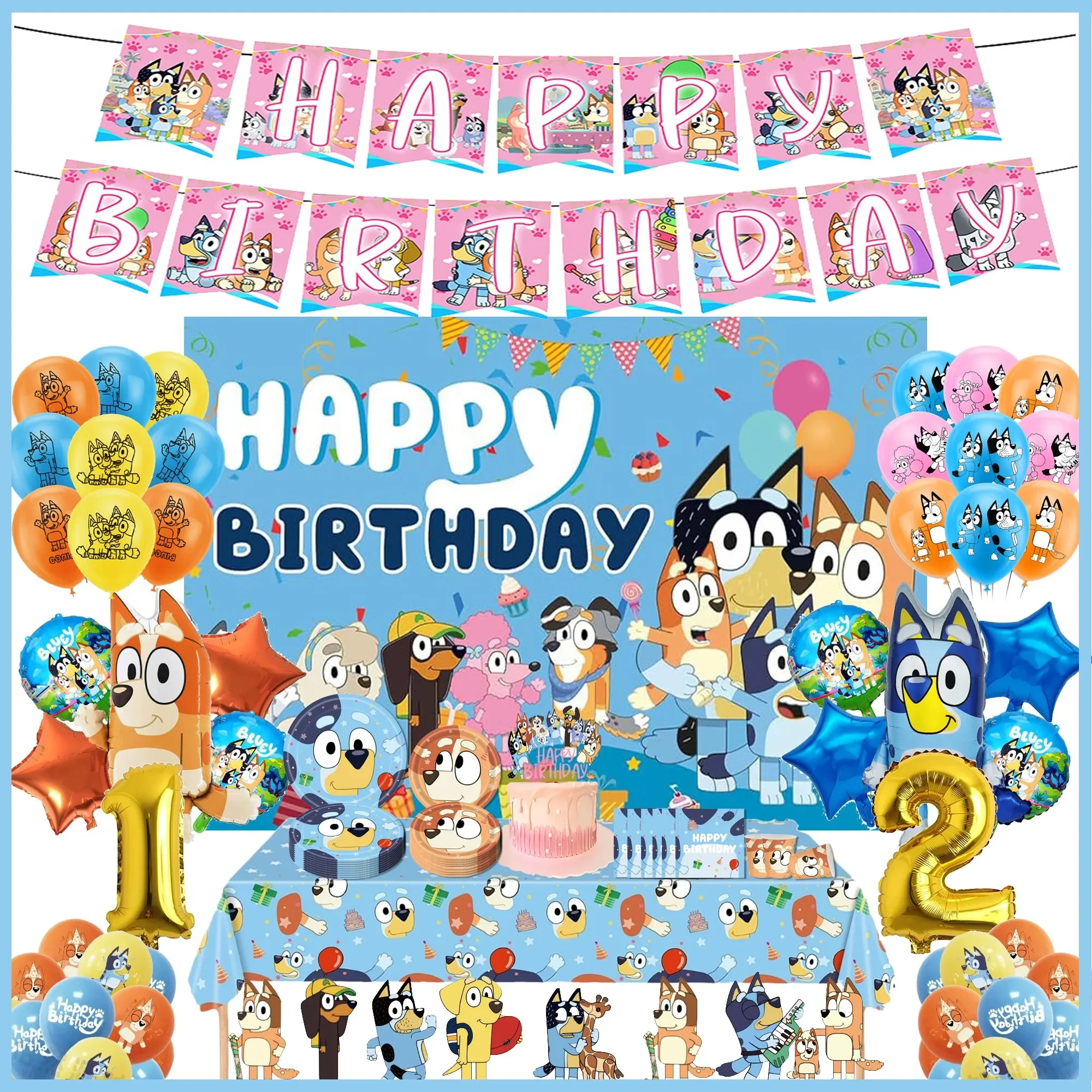 Bluey familia perro bonito plato de cubiertos para fiesta de cumpleaños cartel desechable pastel Topper colgante bandera globos conjunto decoraciones de cumpleaños