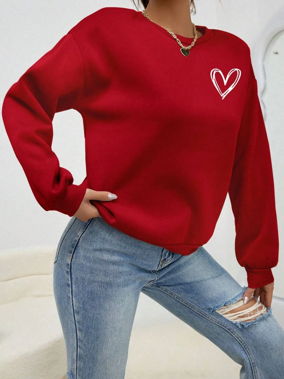 Simple Heart Pattern Printing Sweatshirts For Womens Casual Comfortable Crewneck Hoodies Loose Fleece Warm Sportswear Clothes