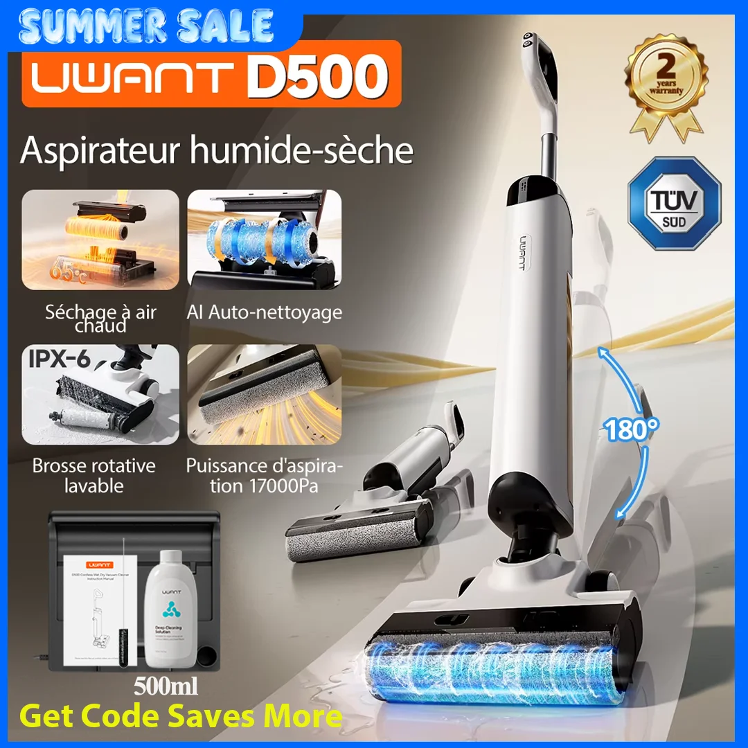 Aspirateur sec et humide UWANT D500, aspiration 17000Pa 180 ° Vadrouille plate sans fil AI autonettoyante 65 ° C Séchage du bord triple face