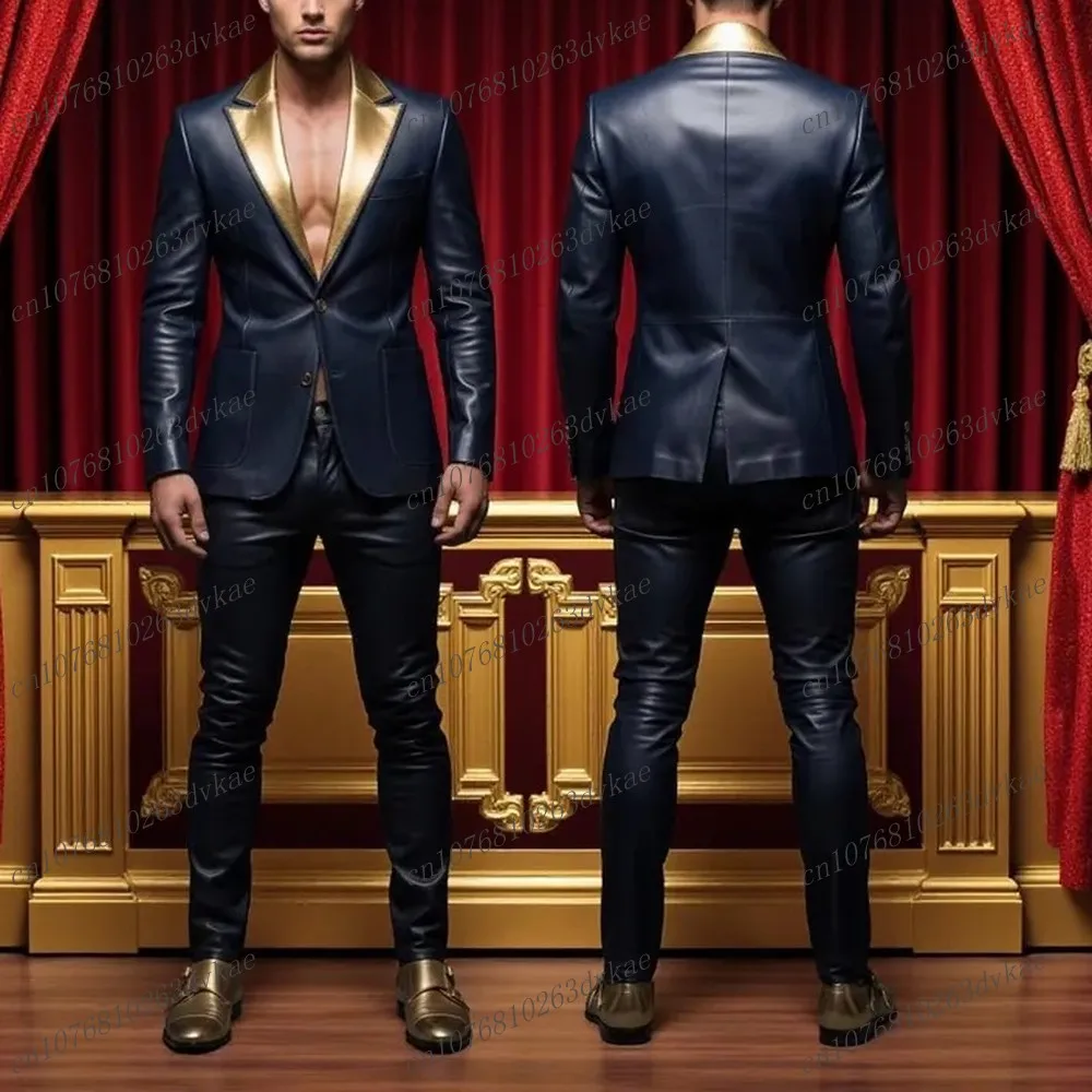 الذهب والأزرق الداكن الساتان الرجال دعوى حفل زفاف رسمي العريس وصيف حفلة موسيقية الأعمال الذكور البدلات الرسمية 2 قطعة مجموعة سترة السراويل
