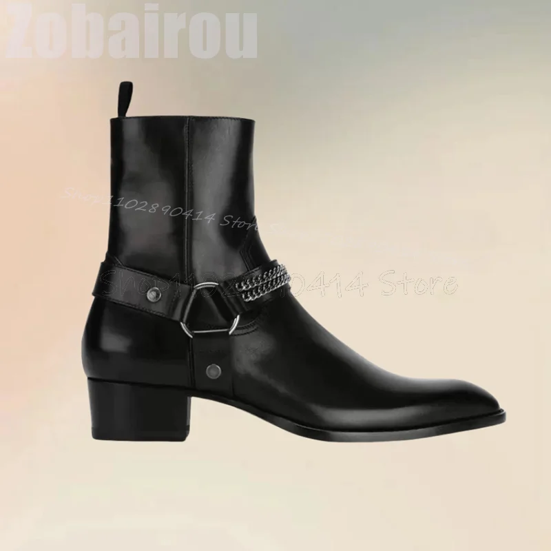 

Metal Chain Black Belt Fastener Matte Leather Boots Fashion Buckle Strap Men Boots Luxury Handmade Party Office Men Dress Shoes