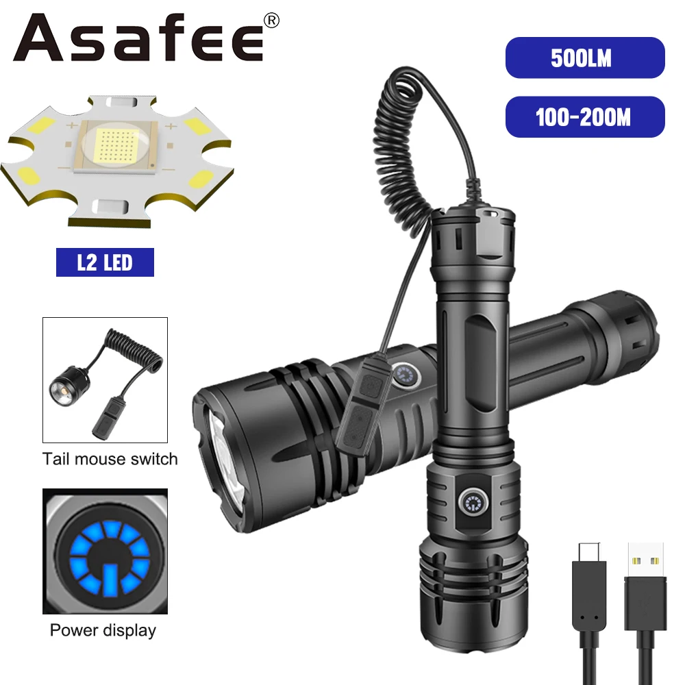 

Asafee L2 LED Outdoor Flashlight IPX4 Waterproof Lamp 500LM 200M Range Torch Tail Mouse Switch Rechargeable Lantern