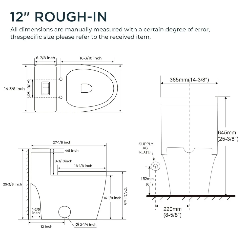 Compact One-Piece Elongated Toilet Dual Siphon Flush 1.1/1.6 GPF 12 Inch Rough-In 16-1/8