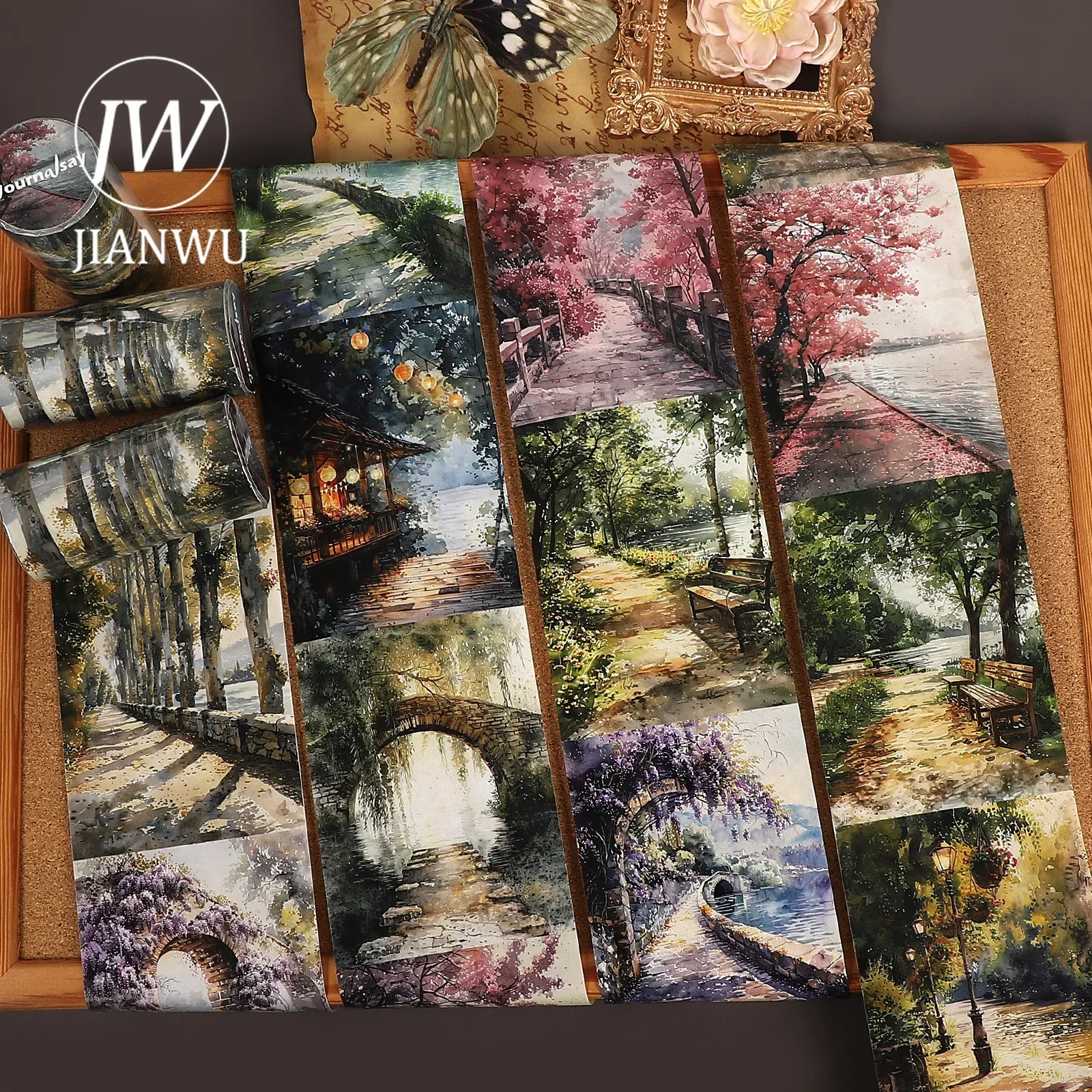 JIANWU 80mm*209cm Vintage River Stroll Tree Flower Landscape Material Collage Scrapbook Washi Tape Creative Journal Stationery