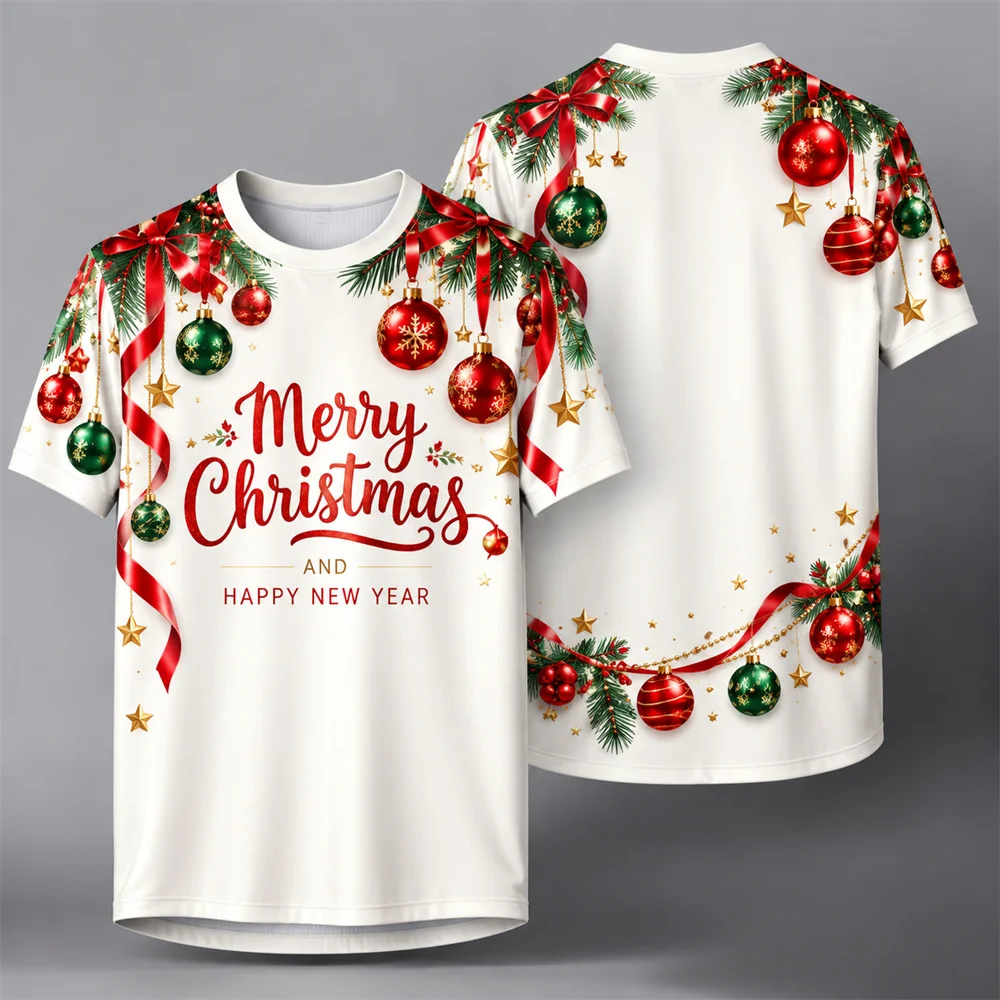 Merry Christmas T Shirt for Men 3D Print Short Sleeve Tee Elegant Holly Pine Branch Graphic Festive Holiday Party Casual Wear
