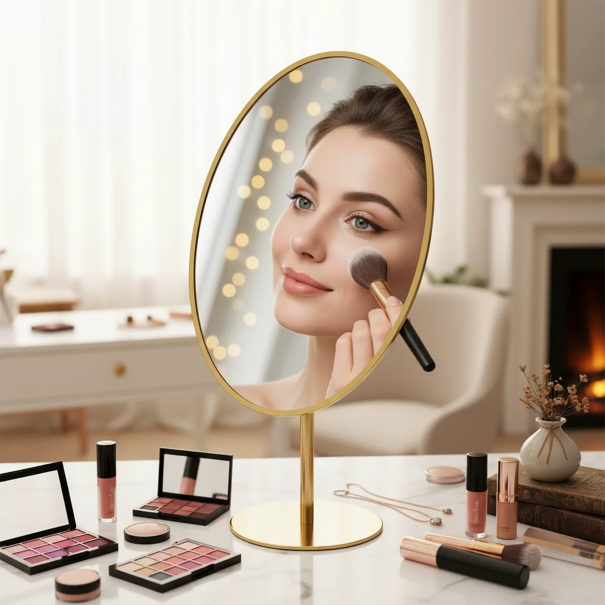Gold Metal Rotating Makeup Mirror - Ultra Clear Oval/Polygon Vanity Mirror with Stable Base for Dressing Table, Bedroom