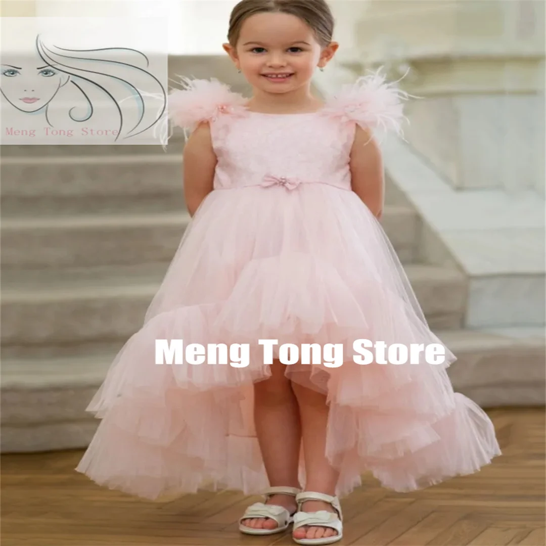 Flower Girl Dresses Pink Tulle Bow Appliques Hight-low Skirt Sleeveless For Wedding Birthday Party Bnauquet Princess Gowns