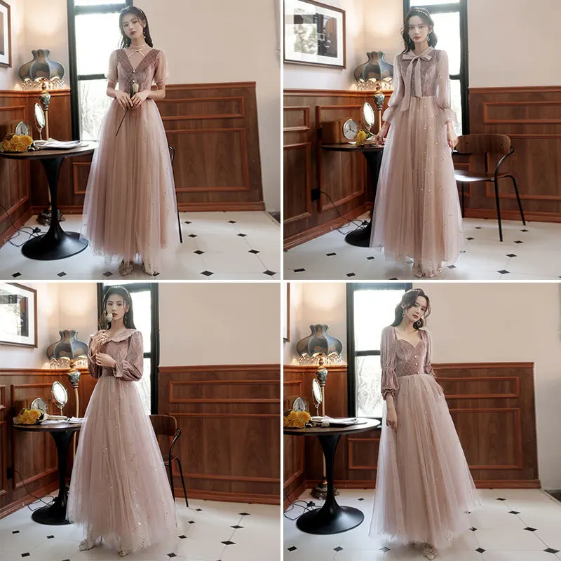 2022 New 4 Styles Bridesmaid Dress Bow Retro Elegant Long-sleeved Chic Temperament Long Evening Dress For Wedding Women Guest